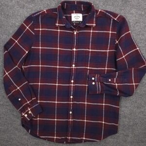 Portuguese Flannel Shirt Mens L Burgundy Navy Plaid Front Pocket Brushed Cotton